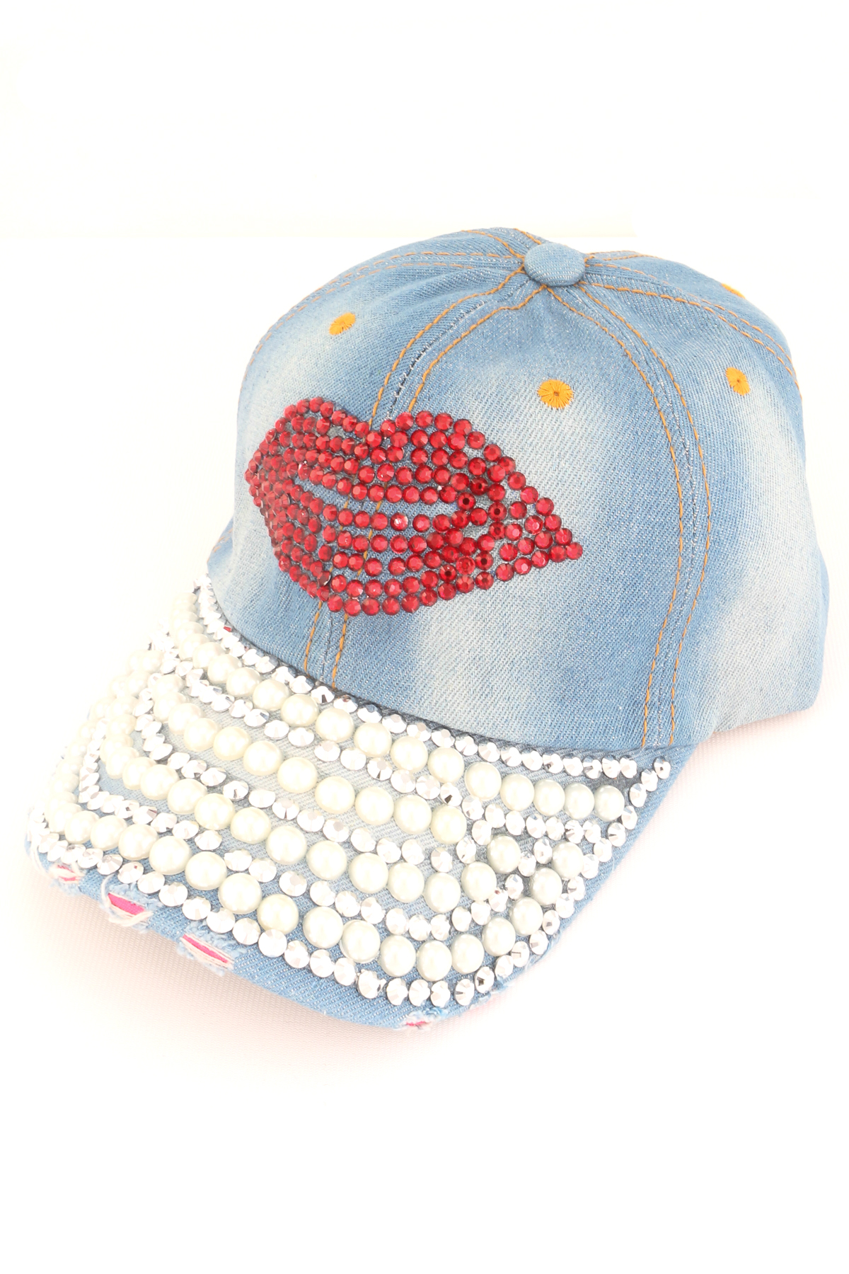 Rhinestone Studded Pearl Lip Cap - Hats