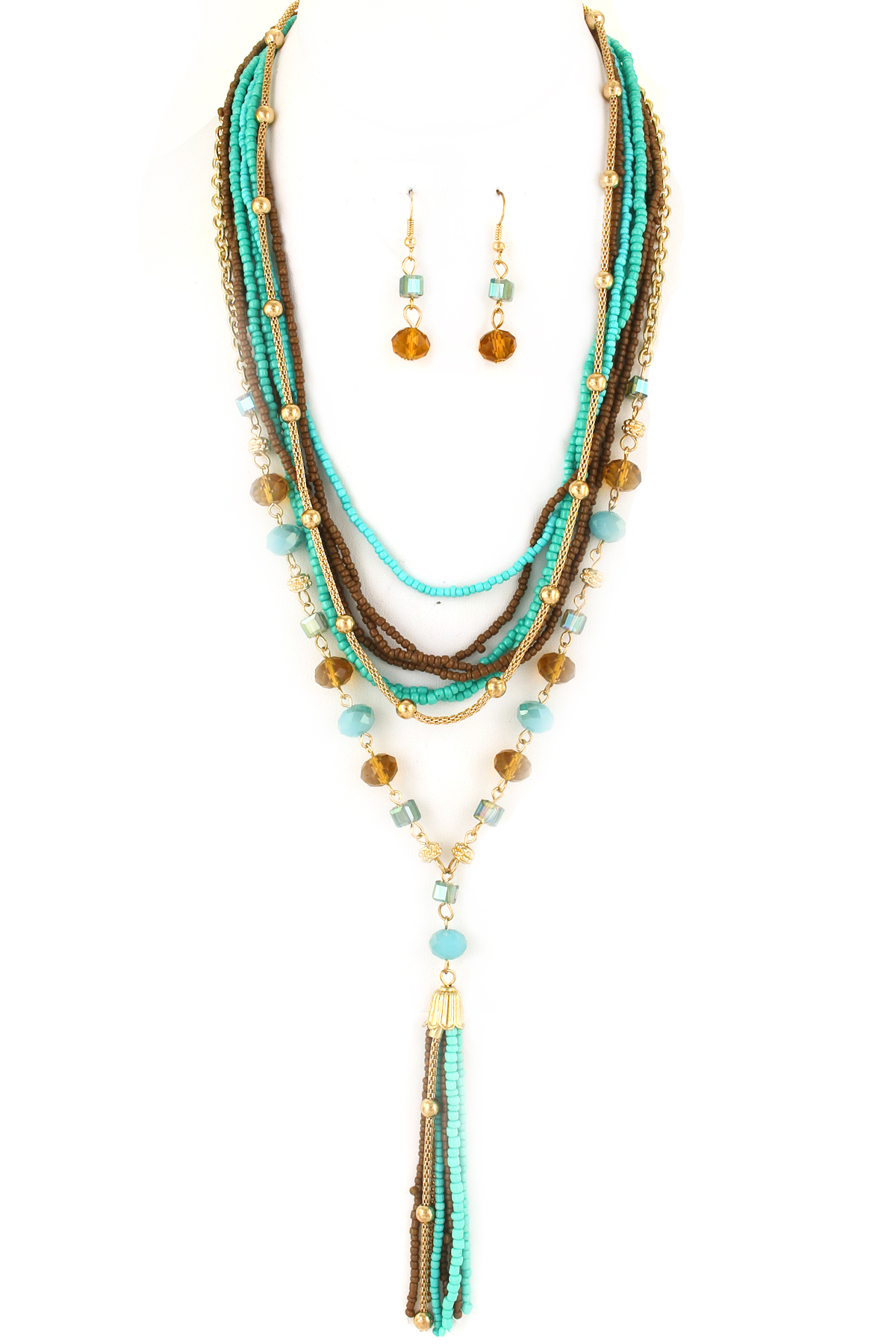 Multi Layered Seed Bead Tassel Necklace Set Necklaces