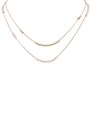 Metal Layered Micro Metal Bead Pearl Necklace