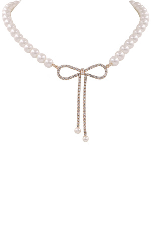 Cream Pearl Bow Rhinestone Pendant Necklace