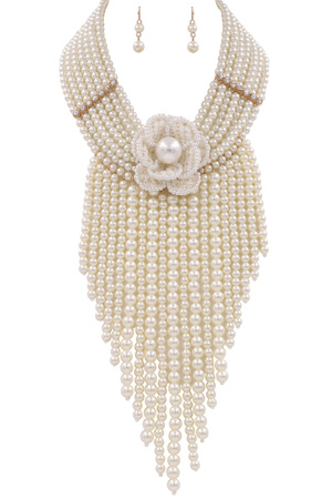 Cream Pearl Layered Floral Tassel Necklace Set