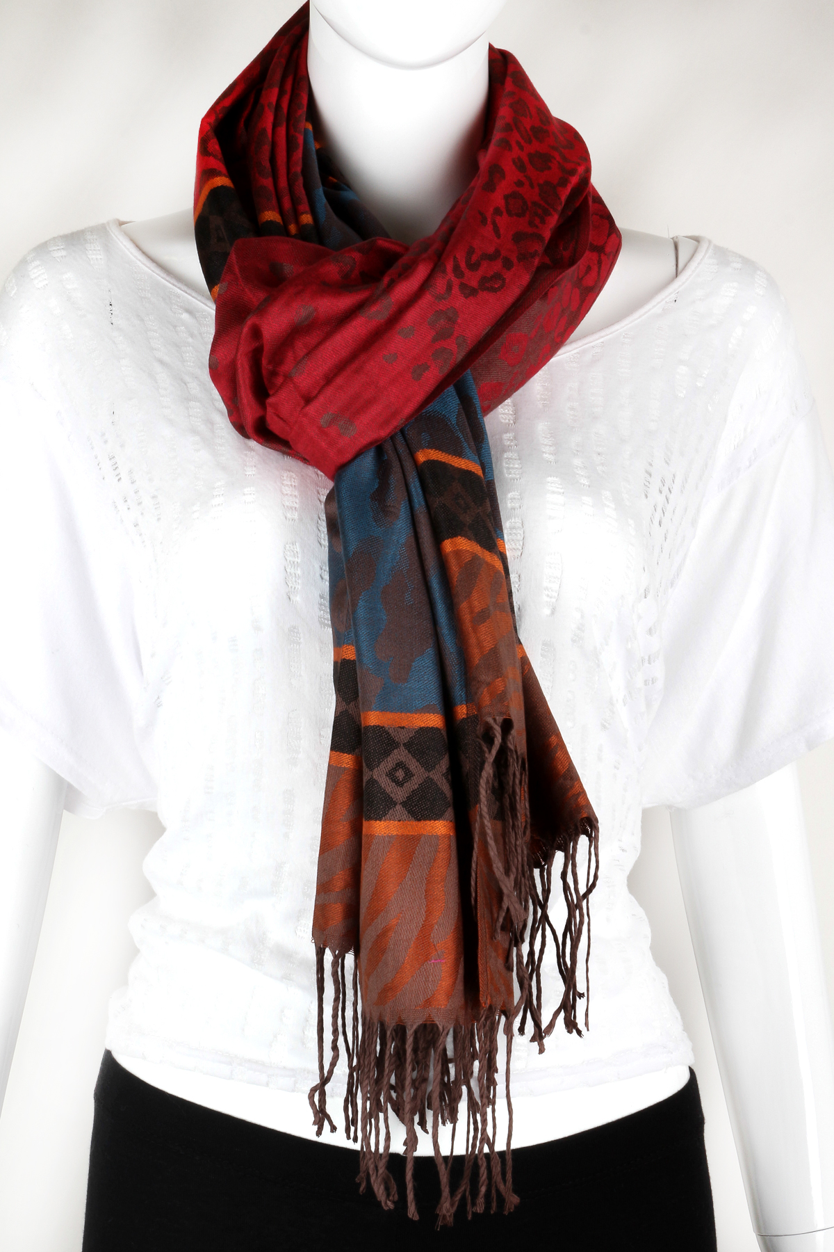 Woven Print Design Fringe Scarf - Scarves