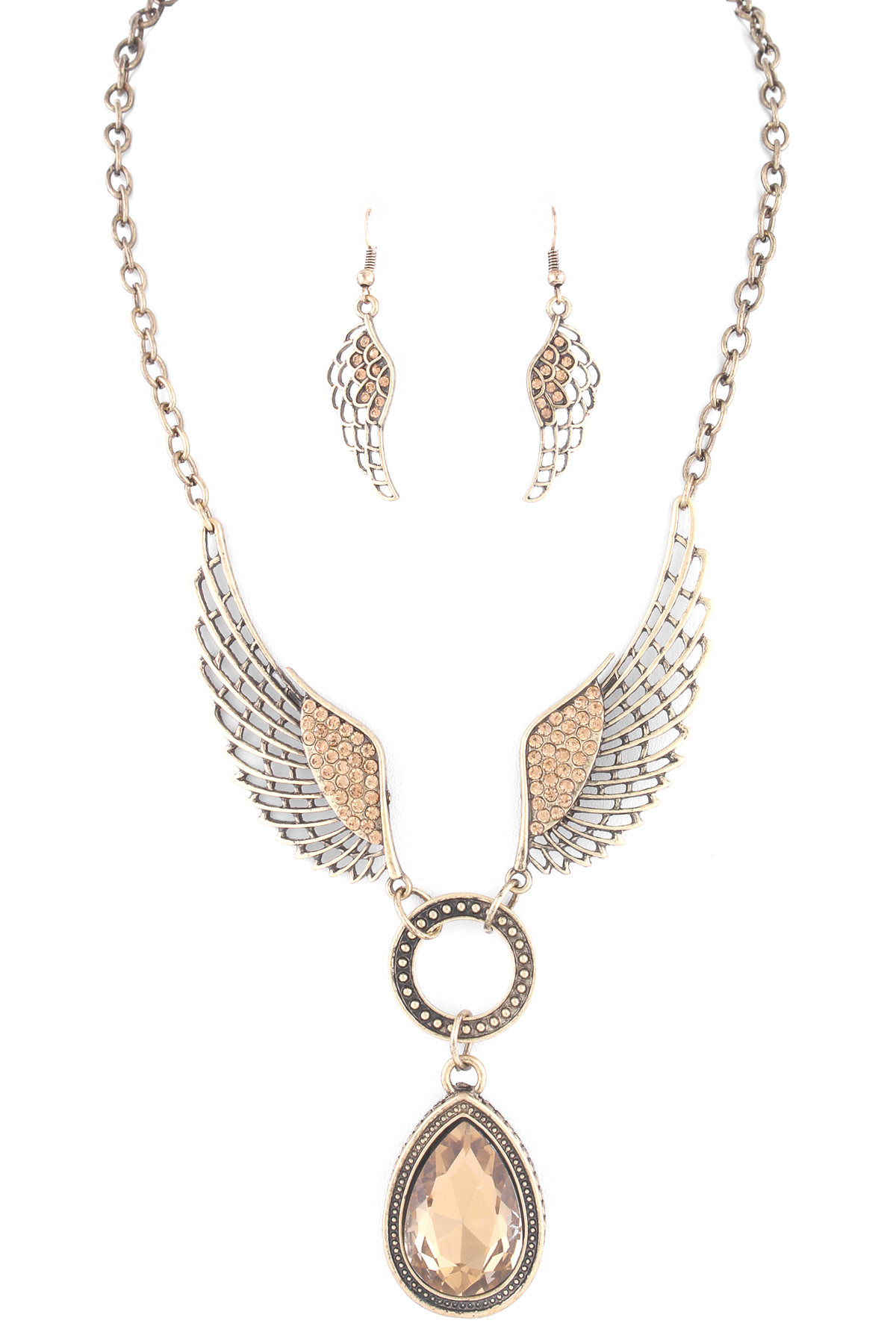 Pave Angel Wing Glass Teardrop Necklace Set - Necklaces