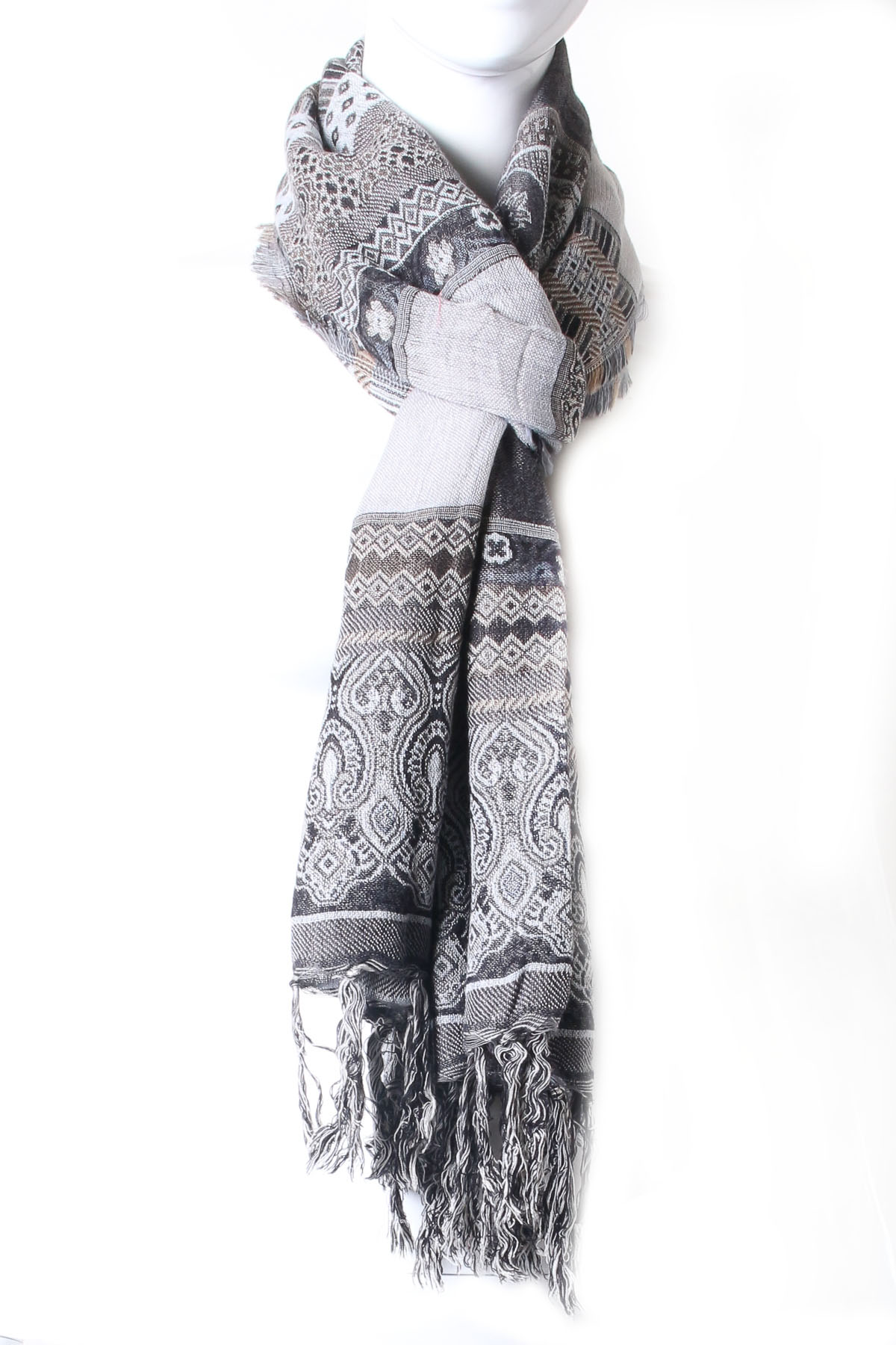 BLACK Jacquard Pattern Fringed Oblong Scarf - Scarves