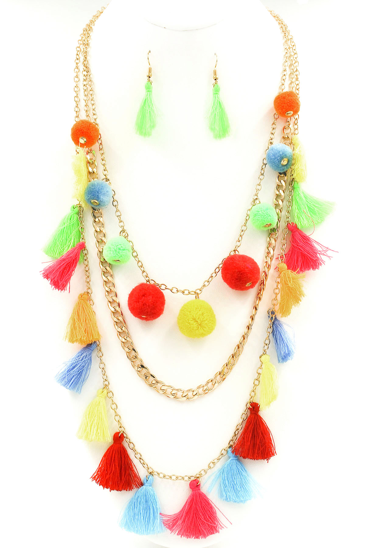 Cotton Pom Pom/Tassel Necklace Set - Necklaces