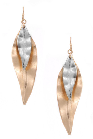 Metal Double Layered Bay Leaf Teardrop Earrings