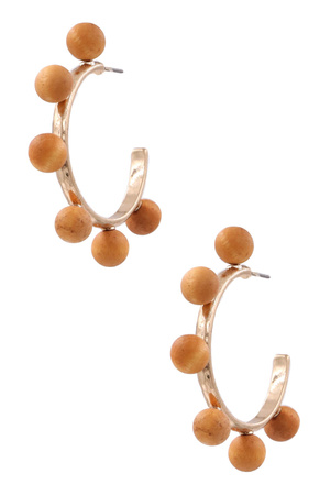 Metal Wood Bead Open Hoop Earrings