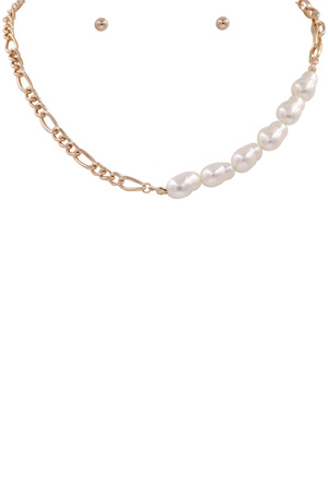 Metal Chain Cream Pearl Necklace Set