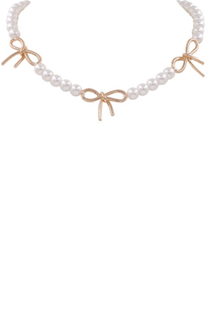 Metal Cream Pearl Bow Tie Charm Necklace