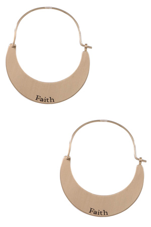 Brass Metal Flat Crescent FAITH Engraved Earrings