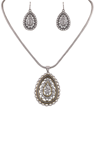Textured Metal Filigree Teardrop Pendant Necklace Set