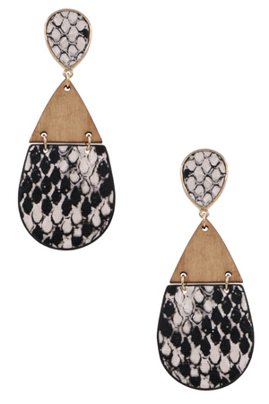 Faux Leather/Wood Snake Print Teardrop Earrings