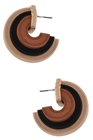 Metal Wood Layered Semi Circle Hoop Earrings