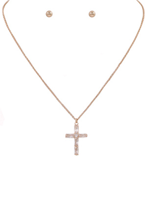 Brass Metal Cubic Zirconia Cross Pave Necklace Set