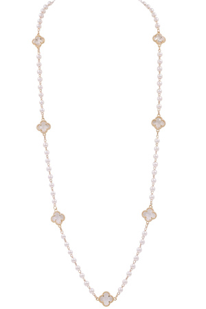 Metal Crystal Quatrefoil Pearl Beaded Necklace