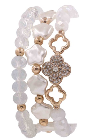 Metal Quatrefoil Cream Pearl Bracelet Set