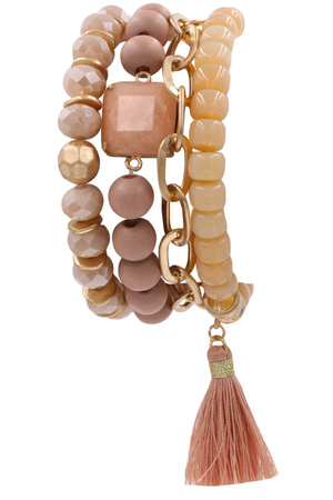 Wood Faceted Bead Cotton Tassel Bracelet Set