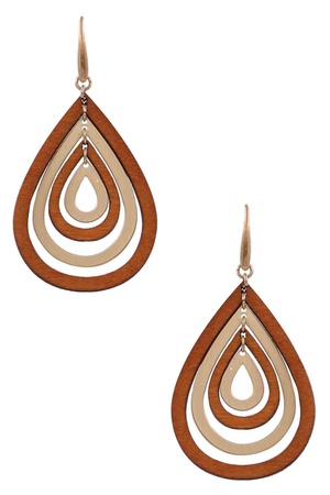 Metal Wood Layered Teardrop Dangle Earrings