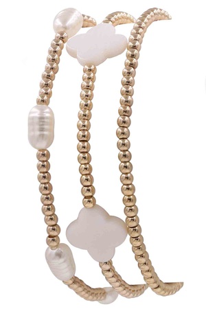 Metal Layered Cream Pearl Quatrefoil Bracelet Set