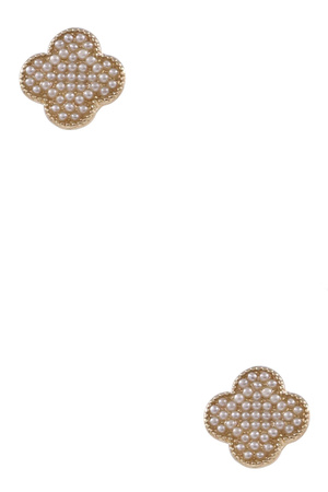 Metal Cream Pearl Quatrefoil Stud Earrings