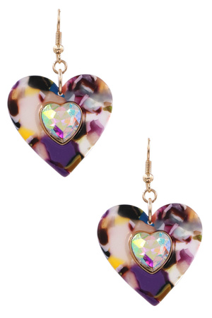 Metal Celluloid Heart Rhinestone Drop Earrings