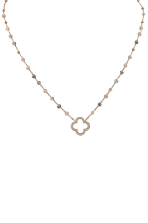 Brass Metal Glass CZ Quatrefoil Pendant Necklace