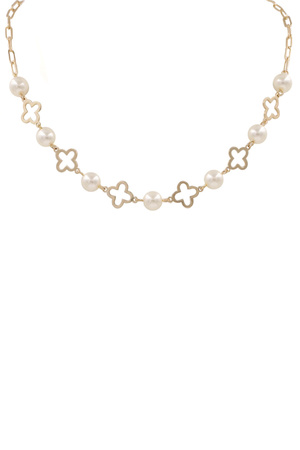 Metal Cream Pearl Linked Quatrefoil Necklace