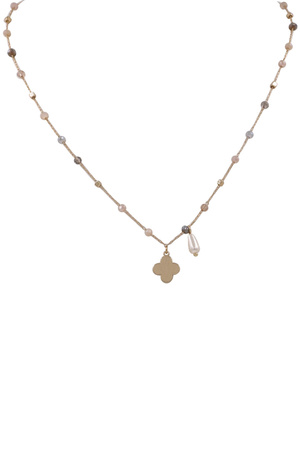 Metal Glass Cream Pearl Quatrefoil Necklace