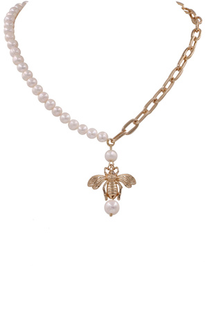 Bumble Bee Cream Pearl Pendant Necklace