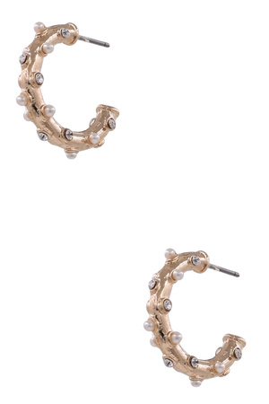 Metal Rhinestone Cream Pearl Hoop Earrings