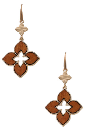 Metal Wood Quatrefoil Drop Earrings