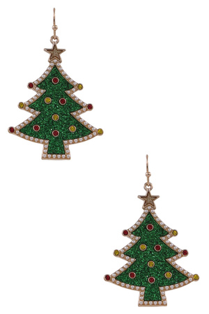 Metal Xmas Tree Cream Pearl Dangle Earrings