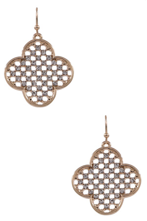 Metal Stone Pave Quatrefoil Earrings