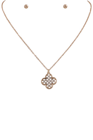 Metal Stone Pave Quatrefoil Necklace Set