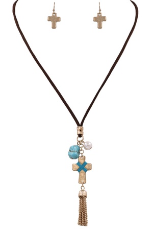 Semi Precious Stone Tassel Cross Necklace Set