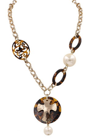 Tortoise Shell Cream Pearl Cross Pendant Necklace