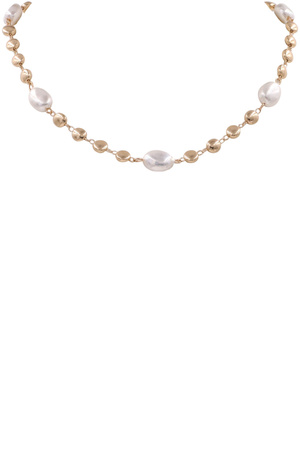 Metal Chain Cream Pearl Flat Disc Linked Necklace