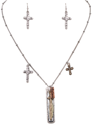 Metal Cross Plaque Charm Pendant Necklace Set