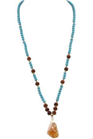 Semi Precious Stone Wood Bead Pendant Necklace