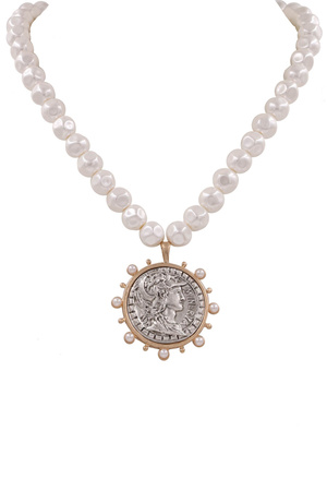 Metal Cream Pearl  Minerva Coin Pendant Necklace