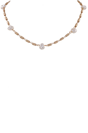 Metal Cream Pearl Bar Linked Necklace