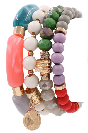 Assorted Wood Faceted Bead Stretch Bracelet Set