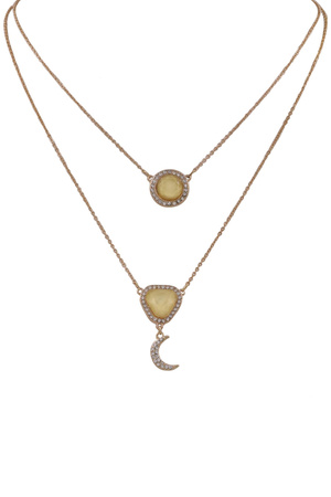 Metal Layered  Stone Pave Moon Necklace