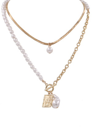 Metal Cream Pearl  Layered Angel Charm Necklace