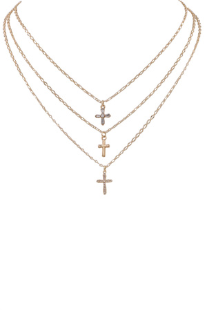 Metal Layered Rhinestone Cross Charm Necklace