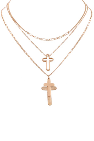 Metal Layered Cross Pendant Necklace Set