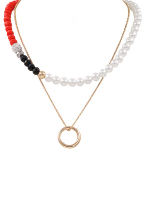 Cream Pearl Faceted Bead Metal Ring Necklace