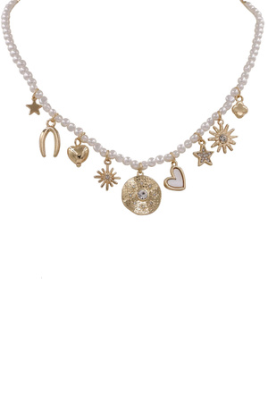 Metal Cream Pearl Multi Charm Heart Star Necklace