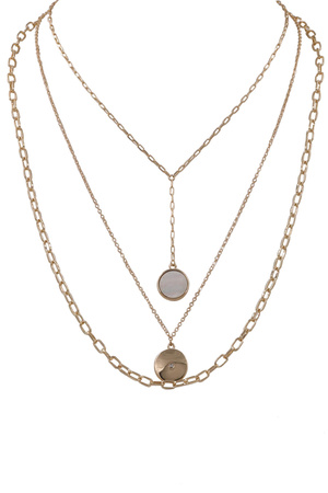 Brass Metal MOP Layered Pendant Necklace