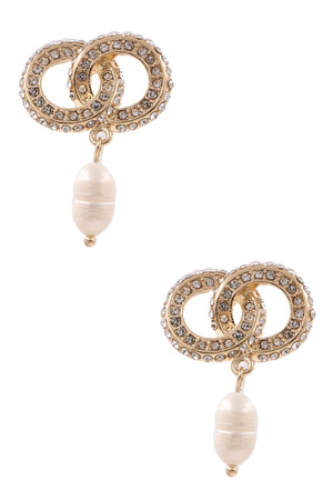 Metal Rhinestone Cream Pearl Double Ring Earrings